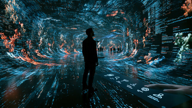 Man Standing in Immersive Futuristic Digital Data Tunnel