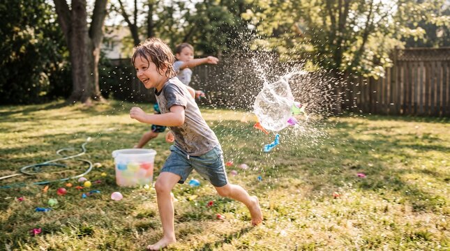 Happy Boy Running from Bursting Water Balloon in Backyard