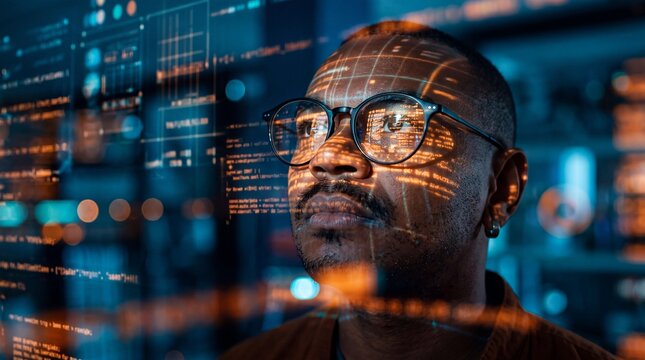 Software Developer Looking at Code Projection in Server Room