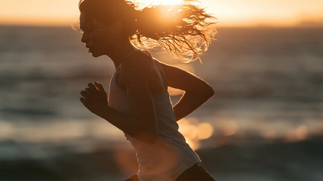 Athletic Woman Running on Beach at Sunset