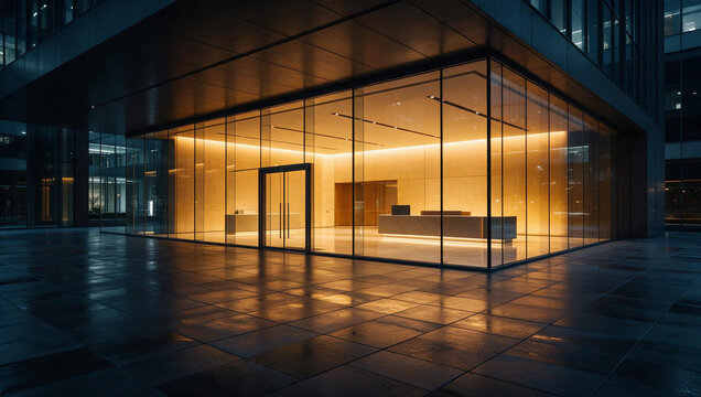 Modern Corporate Office Building Entrance at Night