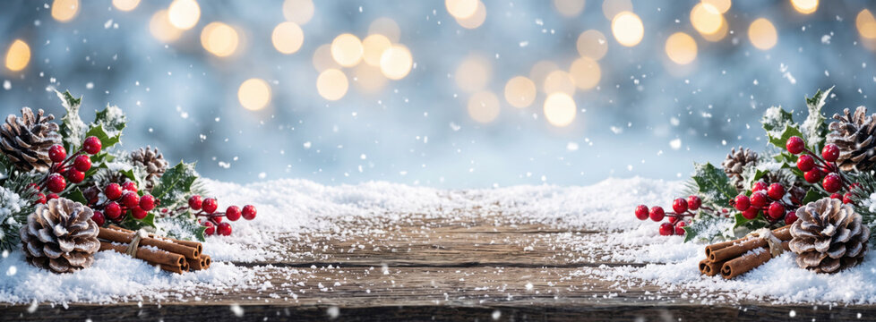 Christmas holidays scenic background with wooden table and christmas decoration.