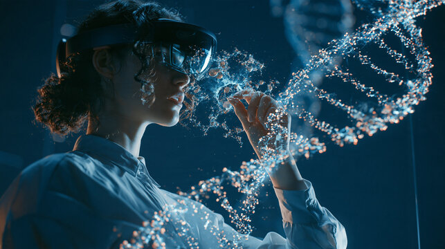 Female Scientist Using Augmented Reality Headset for DNA Research