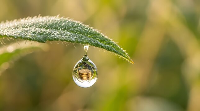Water droplet hanging on green grass blade in natural sunlight