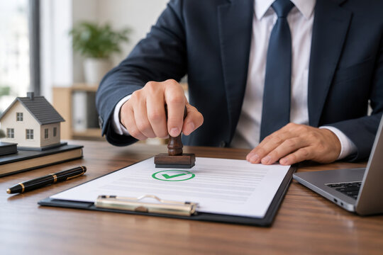 Business professional stamping certified approved seal on loan agreement on clipboard with laptop in office legal verification for commercial lending approval process