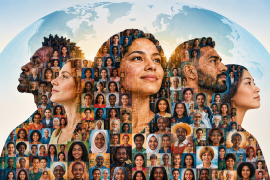 Diverse global community portrait collage forming silhouettes against a world map background symbolizing unity inclusion multiculturalism and collective humanity