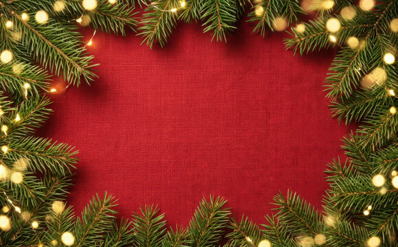 Christmas background with xmas tree and sparkle bokeh lights on red canvas background. Merry christmas card. Winter holiday theme. Happy New Year. Space for text