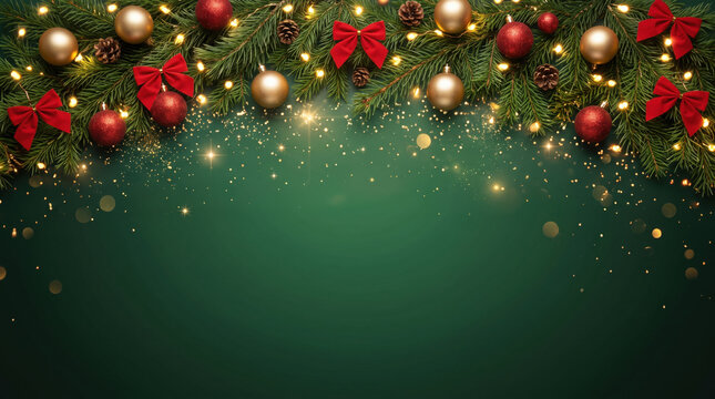 Christmas New Years banner red golden ornament balls fir tree branches decorations on dark green background. Template with copy space