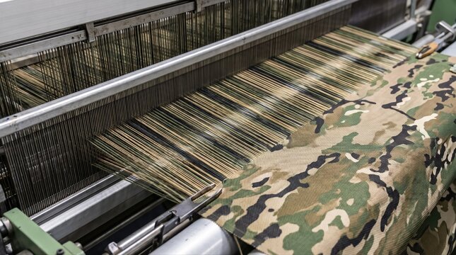 Industrial textile loom weaving green camouflage fabric, interlacing patterned threads for military uniforms, tactical equipment, defense manufacturing, and specialized commercial textile production