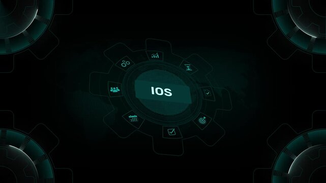 IOS mobile operating system app development and software concept on digital gear HUD background loop