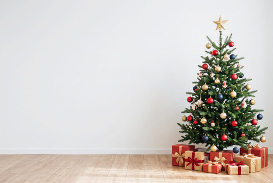 Big beautiful christmas tree decorated with beautiful shiny baubles and many different presents on wooden floor. White wall background with a lot of copy space for text. Close up.