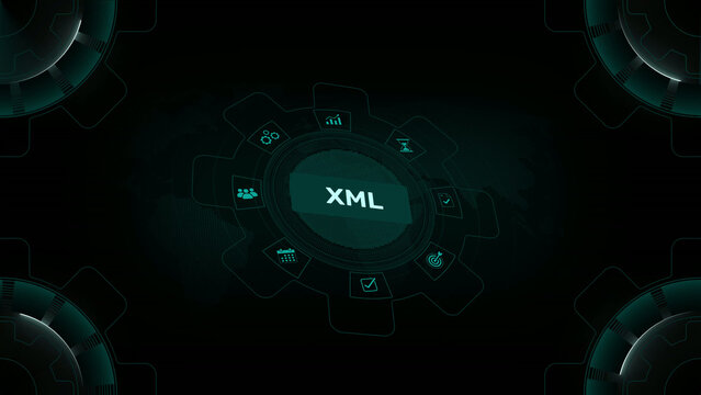 XML extensible markup language coding and data interchange concept on digital gear HUD loop