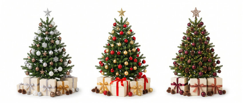 christmas tree and decorations on white background