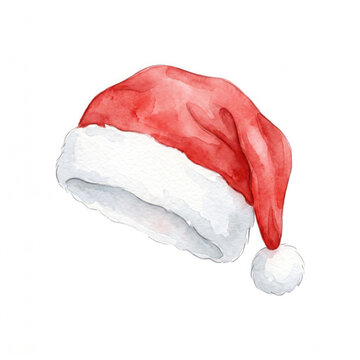 Watercolor Christmas hat Illustration. This image is perfect for christmas cards or invitations. A winter holiday hat in watercolor art with red and green colors.