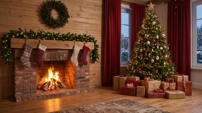 interior christmas. magic glowing tree, fireplace, gifts.