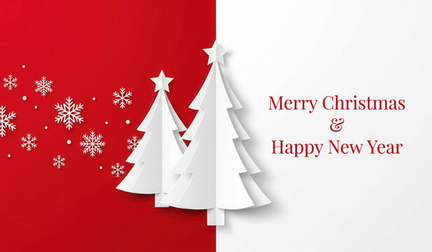 Merry Christmas Greeting card, Christmas Tree and Snowflake on Red Background.