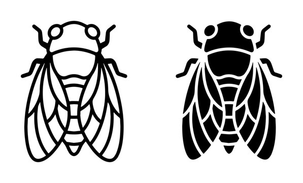 Insect line icon and silhouette set with cicadas for nature and tattoo