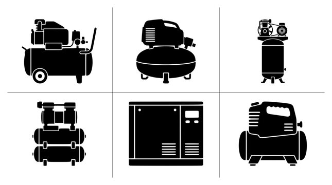 Air compressor silhouettes set with industrial machinery and equipment for workshops