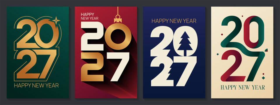 Four vibrant designs celebrating the year 2027 with unique color schemes and festive elements