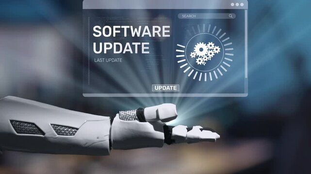 A cutting-edge robotic arm presents a software update notification on a sleek digital screen, embodying the intersection of robotics and technology in a modern workspace. Salient