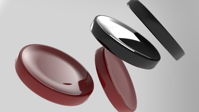 Set of floating oval 3D shapes in red, silver, and black on gray background, abstract render