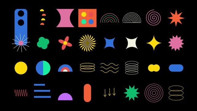 Neo-brutalism abstract geometric shapes, 32 colorful minimalist icons, Y2K aesthetic design elements, vibrant retro-modern graphics for motion