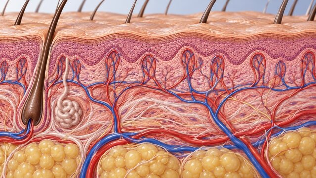 Detailed 3D cross-section illustration of human skin showing epidermis, dermis, hair follicles, glands, nerves, blood vessels and subcutaneous fat