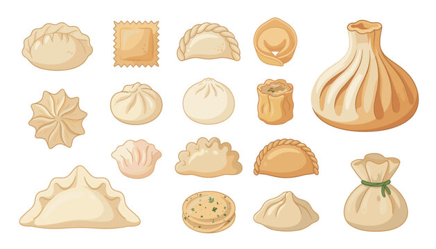 Dumpling character vector illustration set. Khinkali, dim sum, gyoza, ravioli, wonton, empanada and asian cuisine.
