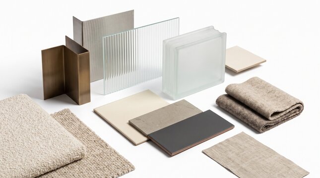 Interior design material samples, beige carpeting, metal and glass swatches, architectural finishes, home decor texture board, neutral fabric specimens, construction materials display
