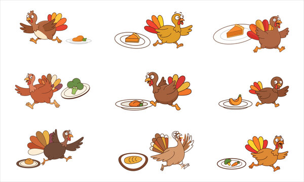 A delightful collection of cartoon turkeys celebrating the joy and gratitude of thanksgiving festivities