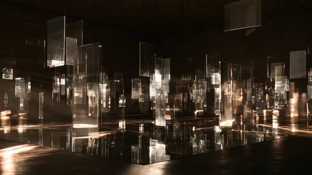 Moonlight shines through dozens of suspended glass panels at different angles, producing fragmented reflections and floating rectangular highlights inside a dark contemporary installation space
