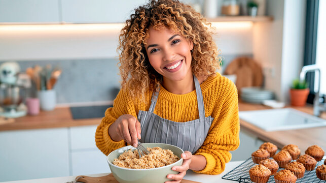 Smiling young woman baking homemade muffins and mixing ingredients in a bowl in a modern kitchen, enjoying cooking, baking and cheerful home lifestyle