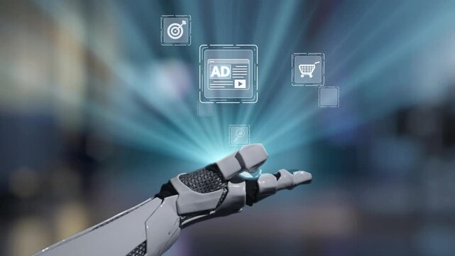 A robotic hand extends towards digital icons showcasing the evolution of marketing and technology. Perfect for visualizing the future of communication and automation. Salient