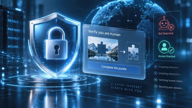 Futuristic cybersecurity concept with shield padlock, globe and CAPTCHA jigsaw verification interface showing bot detection and access granted