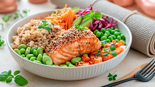 Grilled salmon served with rice, edamame and colorful fresh vegetables in a healthy balanced bowl, nutritious high protein meal for clean eating