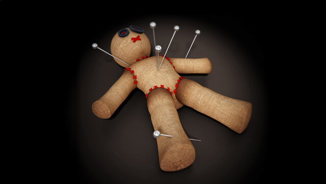 Voodoo doll with needles isolated on black background. 3D illustration