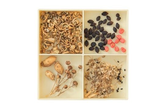 Dry seeds of plants: calendula, rue, peas and others. Top view. Variety of seeds for cottage garden in box isolated on white background. Floral gardening.