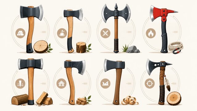Collection of assorted axes and hatchets with wooden handles, blades, logs and accessories, illustrated tool icons