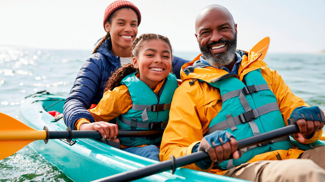 Happy family kayaking together on the sea, wearing life jackets and enjoying an active outdoor adventure, water sport, recreation and family bonding