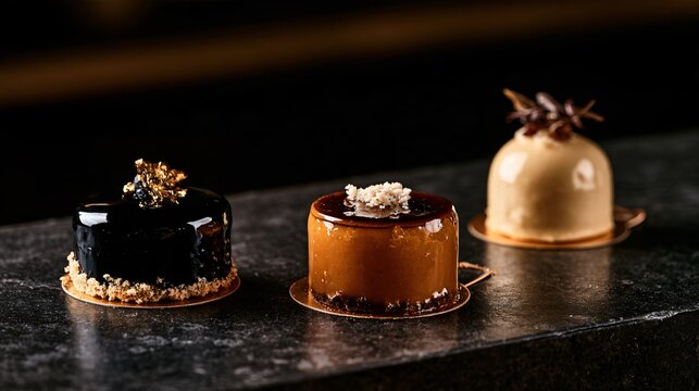 A narrow dark counter is almost completely empty except for three sophisticated desserts in contrasting black, amber, and ivory finishes positioned asymmetrically beneath soft directional light