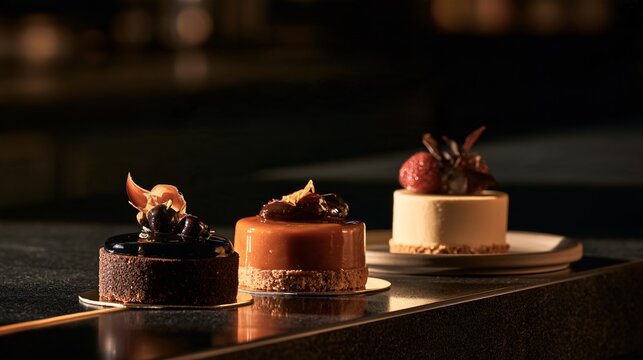 A narrow dark counter is almost completely empty except for three sophisticated desserts in contrasting black, amber, and ivory finishes positioned asymmetrically beneath soft directional light