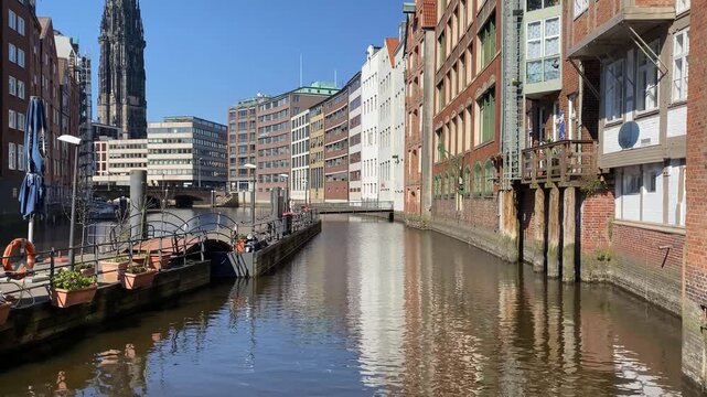 Ground-Level View of Nikolaifleet Canal and St. Nicholas Church in Hamburg