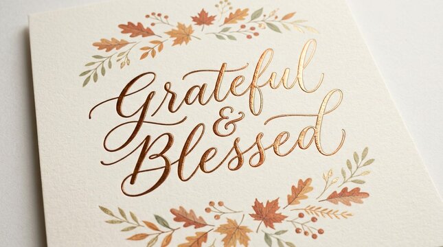 A beautiful 'grateful blessed' thanksgiving calligraphy art print with autumnal floral accents