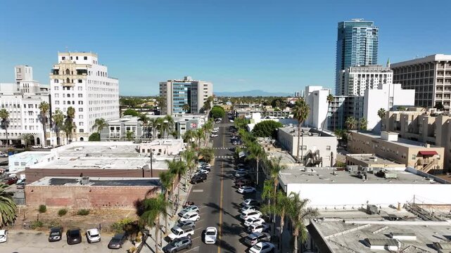 Long Beach, California, USA - Aerial View of Downtown East Village Arts District With Hotels, Commercial Buildings and Urban Streets in the Evening