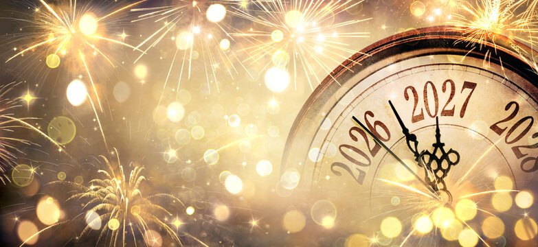 2027 New Year - Clock And Golden Fireworks - Countdown To Midnight  - Abstract Defocused Background