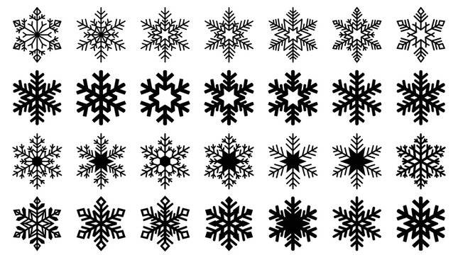 An assortment of detailed black and white snowflake patterns are carefully aligned in organized horizontal rows against a spotless white backdrop
