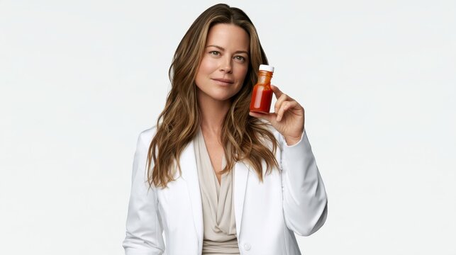Female healthcare professional in a white coat holding a supplement bottle beside her face, nutrition advice and wellness consultation concept