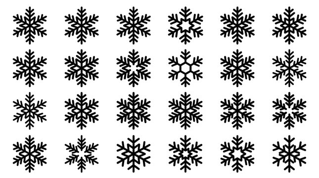 A detailed collection of black snowflake illustrations is neatly arranged in a grid pattern on a clean white background perfect for winter