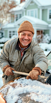 Smiling senior man removing snow from a car outside his home on a winter day, clearing the vehicle after snowfall and enjoying active seasonal routine