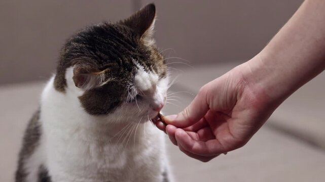 The owner gives the cat vitamins or probiotics from the hands, animal health care, strengthening immunity and treatment with probiotics. The process of treating a domestic cat